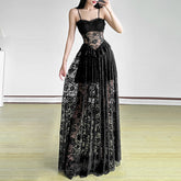 Romatic Gothic Black Lace Dress, Sexy See Through Long Partywear For Women